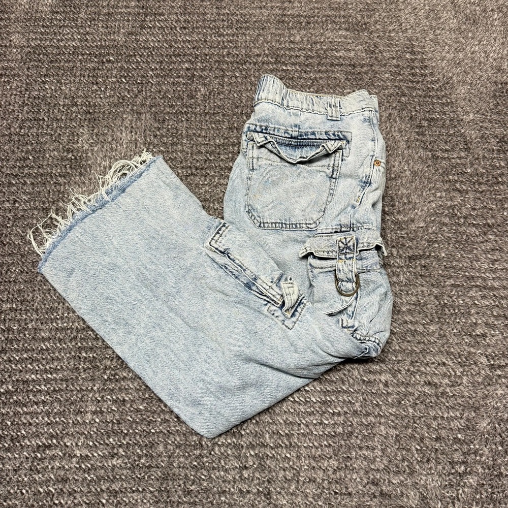 Aeropostale Womens Cargo Jeans M Medium Light Wash‎ Baggy Wide Leg Cropped Raw